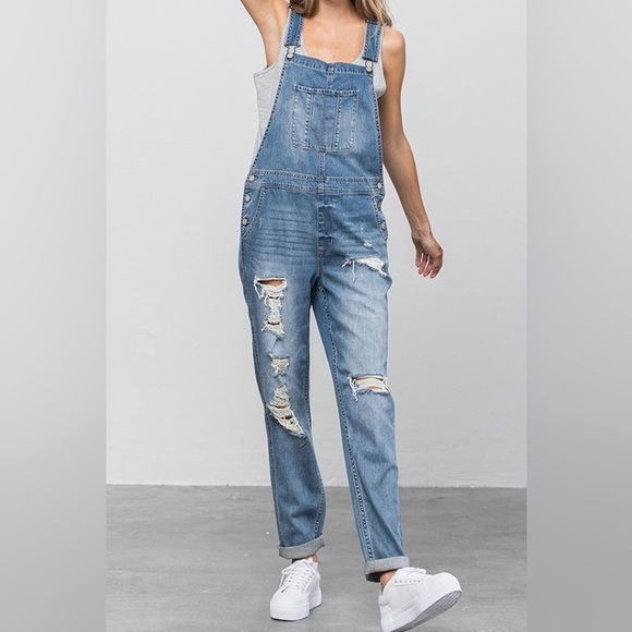 NWT Insane Gene Medium Wash Distressed Denim Overalls - Picture 6 of 8